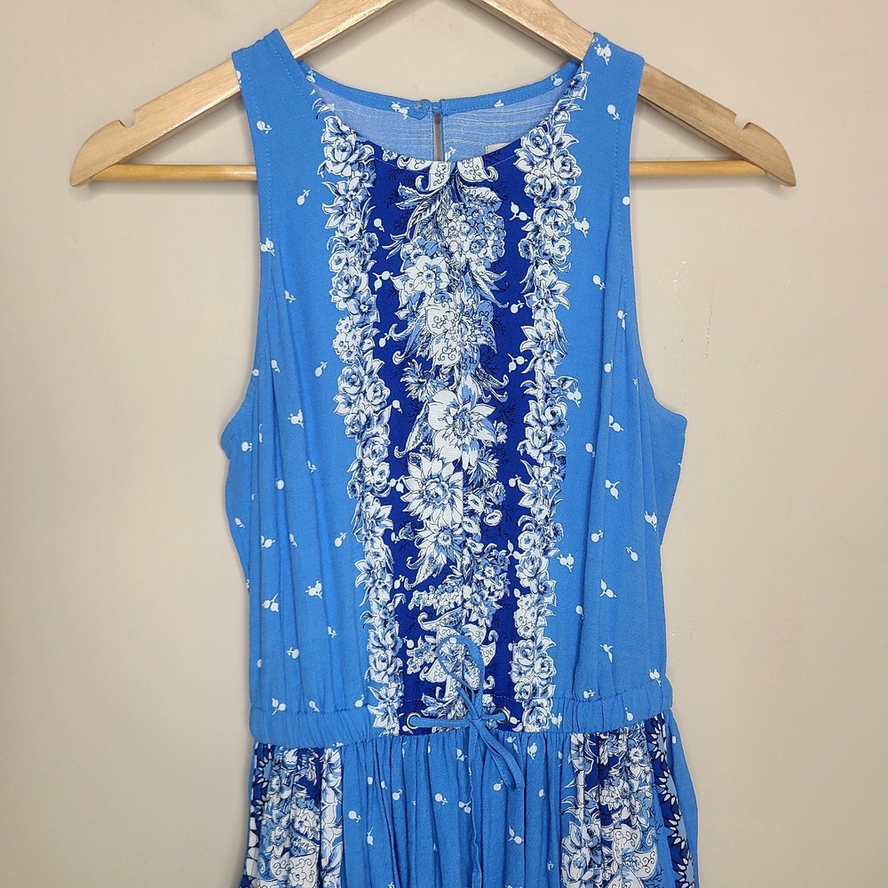 Loft Midi Dress XS Blue Floral Sleeveless Back Cut Out Pockets Drawstring - Picture 2 of 7